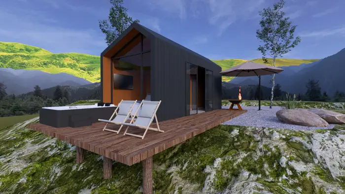 Render de um chalé com estrutura metálica e deque de madeira sobre pedras, com montanhas ao fundo