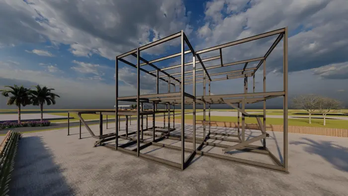 Modelo 3D da estrutura metálica da residência, com a escada e as vigas do pavimento superior