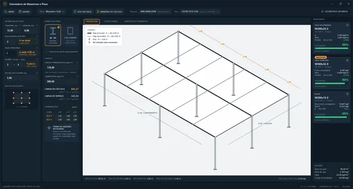 Tela do módulo de mezaninos e pisos do SteelHub