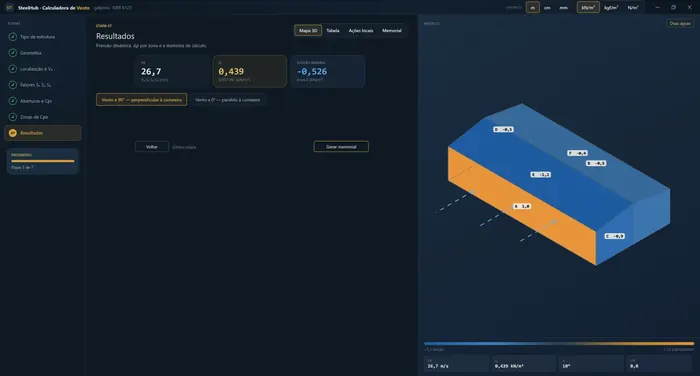 Calculadora de vento do SteelHub com o mapa de isopletas e o V0 do município